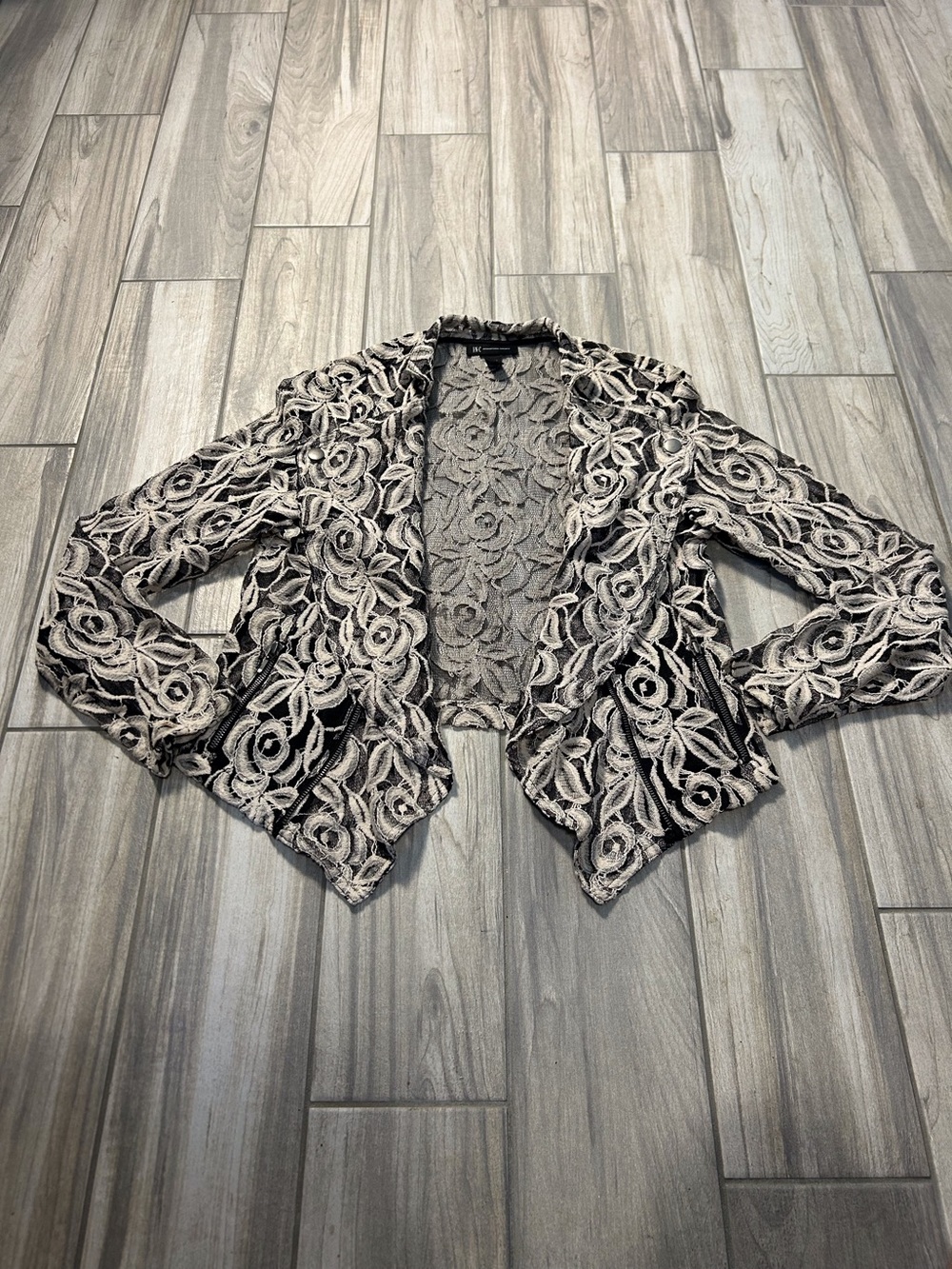 Black Cream Floral Lace Open-Front Cardigan Faux Zipper Accents Large Whimsigoth
